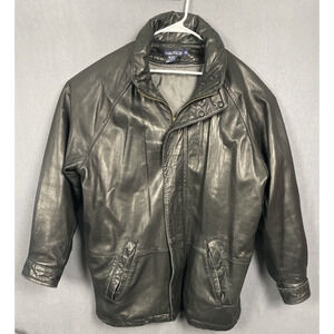 Vintage Nautica Leather Jacket Men 44 Large Full Zip Black Zip Hood Thermolite